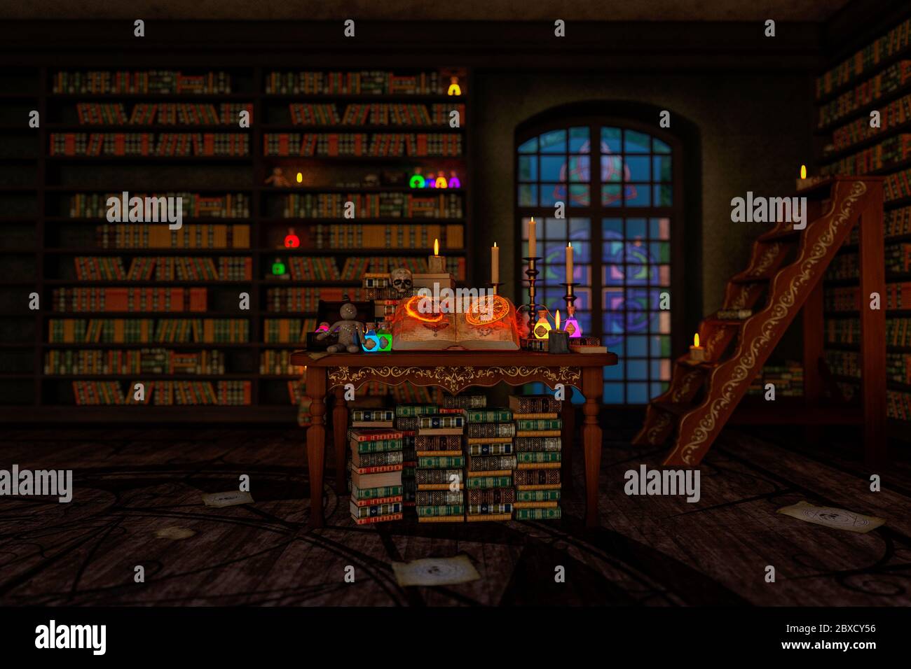 mystic room or alchemist`s study room with candles, books, bottles and alchemical symbols, with zoom in on the book from the enter hall. This mystic r Stock Photo